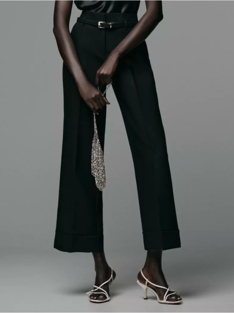 ZARA belted cuff hem pants - wide leg cropped high waist - large
